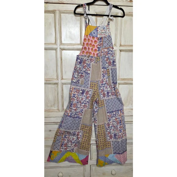 Anthro Let Me Be Patchwork Floral Jumpsuit S White Blue - Picture 6 of 12